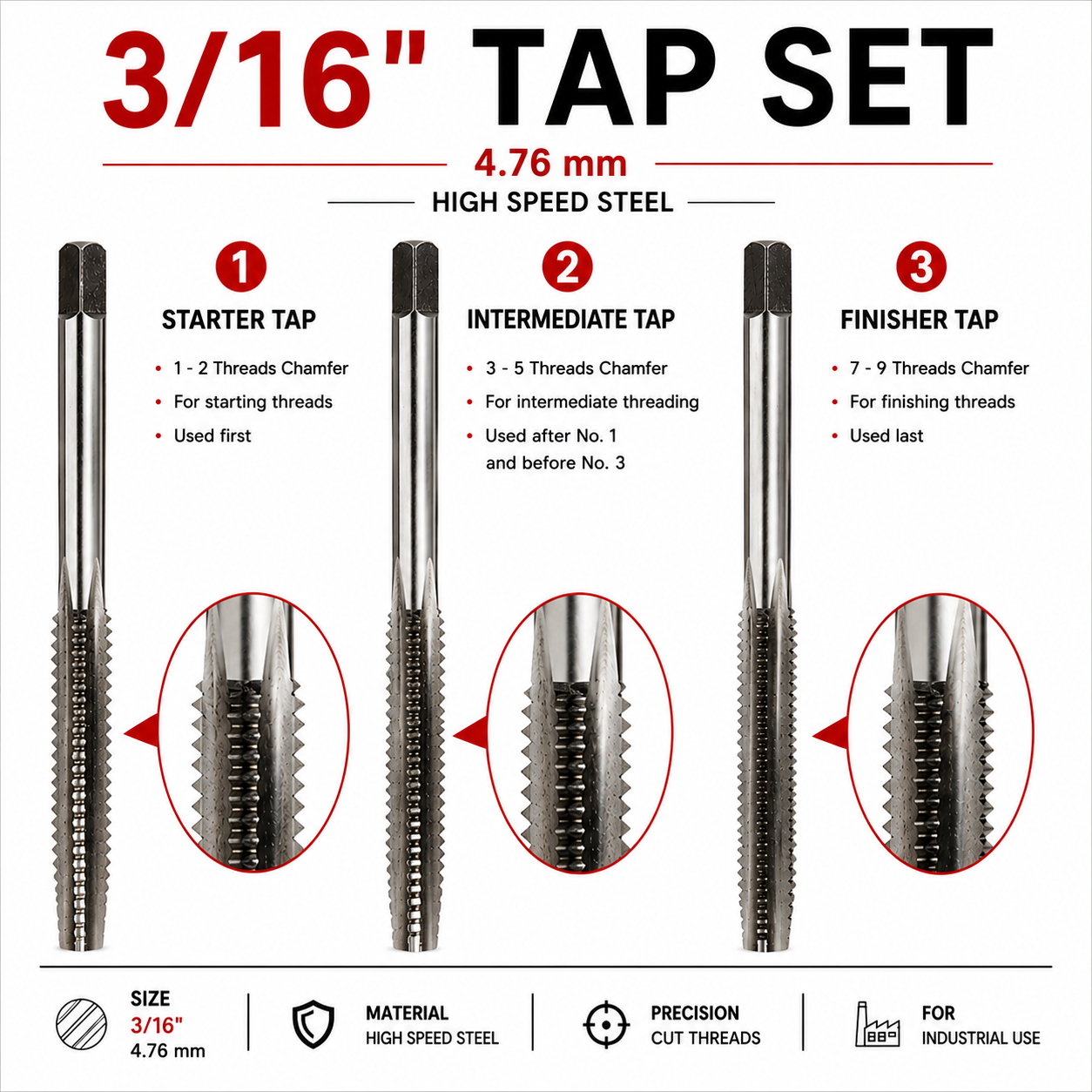 3/16" Tap Set, HSS Hand Threading Tap Set (Set of 3)