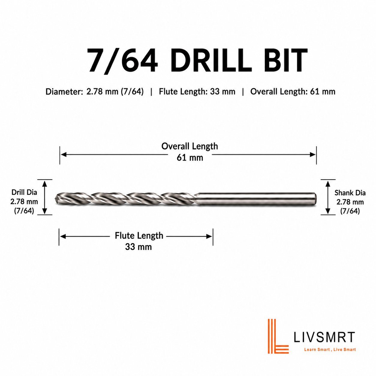Drill Bit 2.78 mm 7/64 ,HSS Straight Shank Jobber Drill Bit 7/64