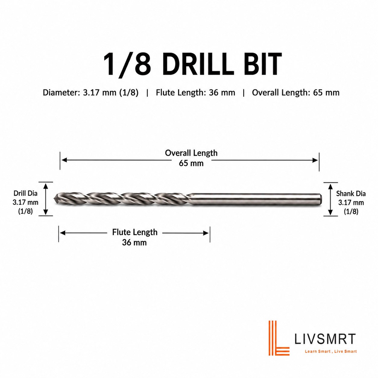 Drill Bit 3.17 mm  1/8 ,HSS Straight Shank Jobber Drill Bit 1/8