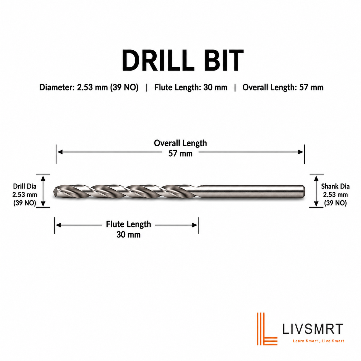Drill 2.53 mm ,HSS Straight Shank Jobber Drill Bit 39 No.